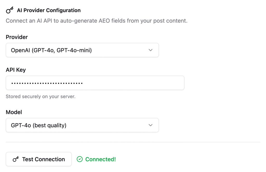 WP-AEO plugin settings page showing a successful connection to the OpenAI API